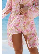 abordables Maillots de bain trois pièces-Femmes Maillots de Bain Trois Pièces Shorts Maillot de bain Tropical Tenues de plage Fleur Fil en V manche longue Maillots de bain