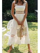 cheap White Graduation Dresses-Women&#039;s Midi Dress White Dress Graduation Dress Elegant Fashion Modern Vacation Birthday Going out Regular Fit Plain Sleeveless U Neck White Summer