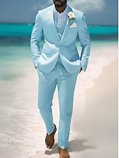 preiswerte Freizeitanzüge-Herren Lässige Strandhochzeitsanzüge Himmelblau Mode Lässig Sommer Unifarben Standardpassform 3 Teilig Einreiher Ein-Knopf