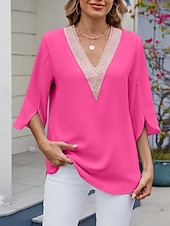 economico Top Semplici da Donna-Blusa da donna a tinta unita elegante casual maniche 3/4 colletto a V top regolari abbigliamento da giorno pizzo patchwork nera bianca rosa blu verde estate primavera