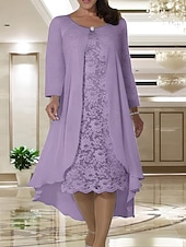 economico Con giacca-Abito da sposa A due pezzi A-Line in spiaggia madre della sposa invitata a un matrimonio elegante taglie forti scollo a gioiello lunghezza tè in chiffon pizzo manica corta giacca abiti con colore