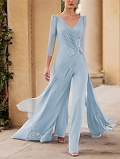 economico Tute della mamma-Jumpsuit  Pantalone Madre della Sposa Ospite di Matrimonio Formale Elegante Collo Dritto V Collo Lunghezza Pavimento Chiffon Maniche 3/4 con Rouching e Ruffle a Cascata taglia personalizzata gratuita