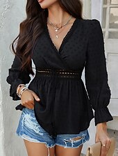 billige Kvinne Enkle Topper-Kvinners Bluse Boho Skjorte Enfarget Stilfull Avslappet Langermet V-Hals Vanlige Topper Daglig Lappverk Utskjæring Sort Hvit Blå Aprikos Sommer Vår