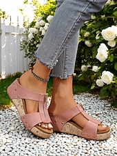 abordables Sandalias de cuña-Sandalias de cuña con remaches para mujer: zapatos de plataforma de corcho con punta abierta y cierre de cremallera para uso informal y de verano