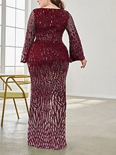 baratos AZUL-Vestido Plus Size Mãe da Noiva Vestido de Curvas Elegante Festa Decote em V Comprimento do Chão Spandex Manga Longa com Lantejoula 2025