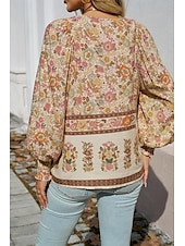 billige Blomstrete topper-Dame Skjorte Bluse Blomsternål i krystall Daglig Stilfull Fritid Langermet V-hals Vanlige topper Daglig Ferie Trykt mønster Rosa Navyblå Blå Aprikos Vår