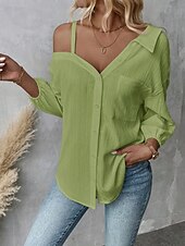 preiswerte Damen Einfache Oberteile-Damen Hemd Einfarbig Stilvoll Lässig Langarm Hemdkragen Normale Oberteile Täglich Knöpfe Tasche Schwarz Weiß Grün Aprikose Sommer