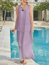 economico Lunghezza del pavimento-Matrimonio in Spiaggia Abito Madre della Sposa Linea A Ospite di Matrimonio Elegante Semplice Collo a V Lunghezza Caviglia Chiffon Senza Maniche con Strati Colore Solido 2025 misura personalizzata