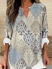 tanie Damskie topy boho-Damskie Bluzka Graficzny Geometryczny Zabytkowe Codzienny Długi rękaw W serek Zwykłe topy Codzienny Święto Ubrania wakacyjne Nadruk Niebieski Lato Wiosna