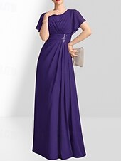 billige Gulvlengde-A-linje Mor til bruden Kjole Bryllupsgjester Elegant Crew Hals Gulvlengde Chiffon Korte Ermer med Pynt Rynking