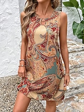 levne Boho šaty-Dámské Mini šaty Letní šaty prázdniny Cikánský Denní Dovolená Běžný Grafika Kašmírový vzor Bez rukávů Tričkový Oranžová Léto