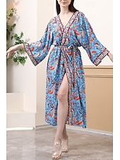 abordables Hauts de plage-Femmes Maillots de Bain Vêtement couvrant Maillot de bain Nœud devant Tropical Tenues de plage Fleur Fil en V manche longue Maillots de bain