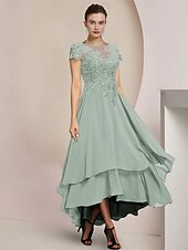 economico Lunghezza del pavimento-Abito A-line Madre della Sposa Abito Ospite di Matrimonio Formale Elegante Alto-Basso Collo a Barchetta Asimmetrico Lunghezza Tea Chiffon Pizzo Manica Corto con Applicazioni in Paillettes 2025 taglia