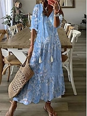 billige Boho-kjoler-Dame Lang kjole Maxikjole Boho-kjole Print kjole Peplum kjoler Romantikk Klassisk Elegant kjole Puffermer Feriereise Ut på byen Vårkjole Løstsittende Grafisk Blomsternål i krystall Halvlange ermer