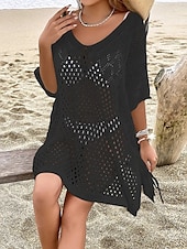baratos Vestidos de Praia-Mulheres Roupa de Banho Cobertura roupa de banho Com Corte Roupa de Praia Verão Tecido Decote em V-wire Manga Longa Fatos de banho