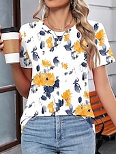 abordables T-shirt floral-Femmes T-shirt Fleuri Graphique Élégant Occasionnel Manche Courte Col rond Hauts Réguliers Quotidien Week-end Imprimé Jaune Été Printemps