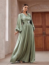 billiga Bröllopsgästklänningar-A-Linjet Quinceanera Klänningar Elegant Klänning Bröllop Bröllopsgäst Golvlängd Lång Ärmar V-Hals Polyester Med Fållar