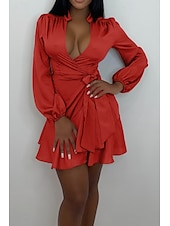 abordables Robes moulantes de soirée-Femmes Mini Robe Robe fourreau Élégant Mode Vacances Sortir Week-end Coupe régulière Uni manche longue Col en V Noir Rouge Été
