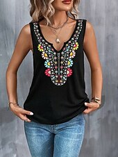 billige Grafisk butikk Tank topper &amp; Camis-Dame Camisole Tank Top Blomstret Grafisk Paisly Stilfull Fritid Ermeløs V-hals Vanlige topper Daglig Trykt mønster Svart Sommer