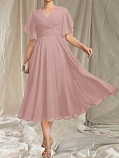 preiswerte Teelänge-A-Linie Brautmutterkleid Hochzeitsgast Elegant V-Ausschnitt Tee-Länge Chiffon Kurzarm mit Applikationen Raffung Midi-Kleid 2025