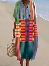 abordables Robes Rayés et Géométriques-Robe Midi pour Femmes Robe d&#039;Été A-Line Lin Vacances Décontractée Plage Sortie Coupe Lâche Imprimé Graphique Géométrique Manches Courtes Col V Rose Bleu Kaki Été
