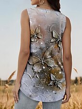 tanie Koszulka na ramiączkach ze zwierzętami-Damskie Top z ramiączkami Graficzny Motyl Elegancki Codzienny Bez rękawów Kwadratowy dekolt Zwykłe topy Codzienny Z marszczeniami Nadruk Srebrny Lato Wiosna