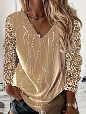 abordables Tops elegantes-Blusa básica metalizada para mujer con estampado brillante, manga larga, cuello en V, fiesta, año nuevo, amarillo, gris, primavera y otoño