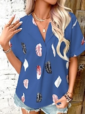 cheap Art&amp;Design Tops-Women&#039;s Shirt Feather Stylish Casual Short Sleeve Shirt Collar Regular Tops Daily Buttons Print Black White Pink Wine Blue Summer Spring