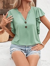 billige Bluser og skjorter-Dame Sommertopper عادي Fritid Kortermet Kappeerme V-hals Vanlige topper Drapering Svart Hvit Lysegrønn Blå Grønn Sommer