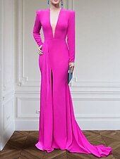 baratos PRETO-Vestido de noite em A-line vestido elegante formal cauda de arraste mangas longas gola em V crepe elástico com pregas fenda