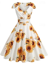 tanie Sukienki-Lata 50. Retro / vintage Rockabilly Do kolan Sukienka kopertowa Sukienka huśtawka Rozkloszowana sukienka Normalny Krótki kimonowy Kwiaty Obcisła i rozszerzona Huśtawka wisząca W serek Strój na bal