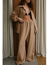 cheap Essential Faux Co-ord Sets-Women's Shirt Two Piece Sets Pants Sets Long Sleeve Shirt Collar Solid Color Dubbele Rij Knopen Fashion Basic Vacation Casual Daily White Red Dark Navy Summer Regular Fit