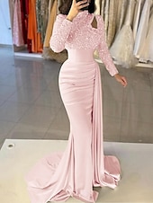 preiswerte BLAU-Meerjungfrau Abendkleid Pailletten Elegantes Kleid Formal Sweep  Brush Zug Lange Ärmel Hoher Hals Satin mit Perlen Maskeradenkleid 2025