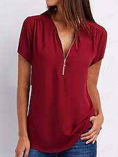 cheap Plain tee-Women&#039;s T Shirt Solid Color Plain Fashion Modern Casual Short Sleeve V Neck Regular Tops Daily Weekend Zipper Black White Pink Wine Royal Blue Summer