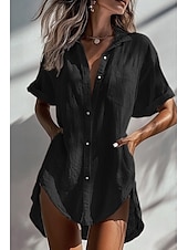 economico Camicie-Per donna Camicia Camicie ispirate al lino Abbottonare Blusa Semplice Essenziale Moderno Manica Corta Colletto a Camicia Top lunghi Ferie Uscire Bottoni Tasca Asimmetrico Nero Bianco Albicocca Estate