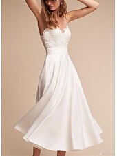 cheap Little White Dresses-Engagement Little Graduation White Dresses Wedding Dresses A-Line V Neck Spaghetti Strap Sleeveless Ankle Length Chiffon Bridal Gowns With Sash / Ribbon 2025