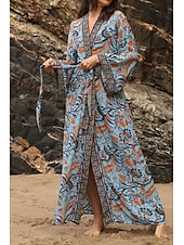 abordables Hauts de plage-Femmes Maillots de Bain Vêtement couvrant Maillot de bain Nœud devant Tropical Tenues de plage Fleur Fil en V manche longue Maillots de bain