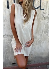cheap Dresses-Women&#039;s Mini Dress Linen-Inspired Dresses Cotton Linen Dress Fashion Classic Modern Vacation Daily Holiday Regular Fit Plain Sleeveless V Neck Black Beige Grey Light Blue Summer