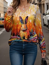 tanie Koszulka ze zwierzętami-Wielkanoc Damskie Bluzka Ombre Graficzny Zwierzę Nowoczesny Codzienny Długi rękaw W serek Zwykłe topy Codzienny Nadruk Pomarańczowy Lato Wiosna
