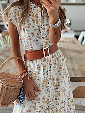abordables Robes fleuries décontractées-Femme Robe mi-longue Robe chemise Robe imprimée Classique Vacances du quotidien Standard Fleur Sans Manches Col V Jaune Eté