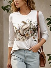 billige Blomster t-skjorte-Kentucky Derby Dame Bluse Blomstret Grafisk Fritid Langermet Crew-hals Vanlige topper Daglig Ut på byen Trykt mønster Hvit Sommer Vår
