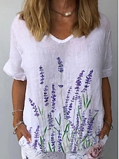 cheap Art&amp;Design Tops-Women&#039;s Shirt Floral Daily Stylish Casual Short Sleeve Crew Neck Regular Tops Daily Holiday Beach Wear Print White Yellow Red Purple Summer Spring