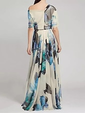 abordables BLEU-Robe de soirée en A élégante robe formelle de bal longueur au sol sans manches épaule dénudée chiffon avec imprimé floral robe invitée de mariage 2025