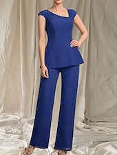 preiswerte Bodenlänge-Jumpsuit  Hosenanzug 3-teilig Kleid der Mutter der Braut Hochzeitsgast Elegantes gewelltes Dekolleté bodenlang Chiffon 3/4-lange Ärmel mit Perlen