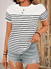 preiswerte Streifen- und geometrisches T-Shirt-Damen T Shirt Gestreift Brautkleider schlicht Kurzarm Rundhalsausschnitt Normale Oberteile Täglich Ausgehen Wochenende Bedruckt Schwarz Weiß Sommer