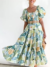 levne květinové šaty-Ženské plus size maxi šaty A-linie šaty mléčná sláma šaty off the shoulder šaty s puff rukávy dovolená outdoor každodenní běžný střih jednobarevné krátký rukáv off shoulder žlutá světlá
