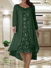 economico Con giacca-Abito da sposa A due pezzi A-Line in spiaggia madre della sposa invitata a un matrimonio elegante taglie forti scollo a gioiello lunghezza tè in chiffon pizzo manica corta giacca abiti con colore