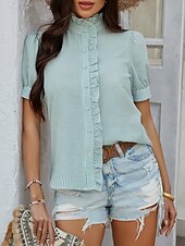 voordelige Dames eenvoudige tops-Dames Overhemd Gestreept Stijlvol Casual Korte mouw Overhemdkraag Normale tops Dagelijks Ruche Knop Afdrukken Wit Blozend Roze blauw Groen Zomer