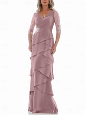 preiswerte Bodenlänge-A-Linie Kleid Brautmutterkleid Formell Elegant V Ausschnitt Bodenlang Chiffon Dreiviertelarm mit Stufen Kaskadierende Rüschen Einfarbig 2025