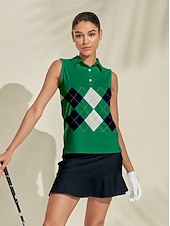 cheap Women's Golf Clothing-Women's Golf Polo Shirt Green Sleeveless Top Plaid Ladies Golf Attire Clothes Outfits Wear Apparel